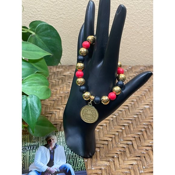 Rustic Cuff Black Red Gold Beaded Oreo Charm Bracelet - Picture 1 of 4